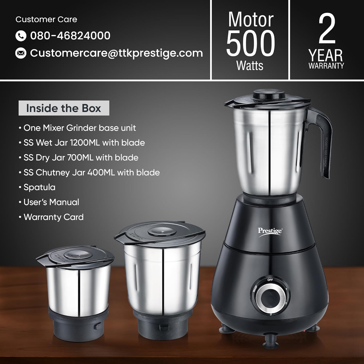Prestige 500 Watts Apex Mixer Grinder with 3 Stainless Steel Jars